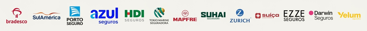 Seguradoras parceiras: Bradesco, SulAmérica, Porto Seguro, Azul, HDI, Tokio Marine, Mapfre, Suhai, Zurich, Suíça, Ezze, Darwin e Yelum